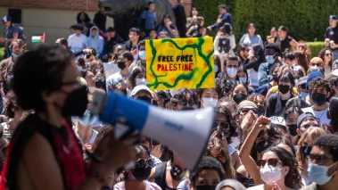 Thousands pro-Palestinian protesters gather at an encampment at the University of California, Los Angeles (UCLA), on Monday, April 29, 2024, in Los Angeles.